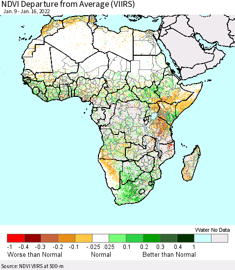 Africa NDVI Departure from Average (VIIRS) Thematic Map For 1/9/2022 - 1/16/2022
