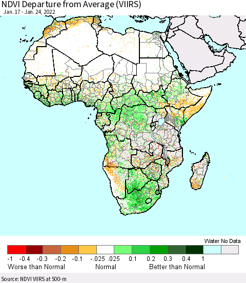 Africa NDVI Departure from Average (VIIRS) Thematic Map For 1/17/2022 - 1/24/2022