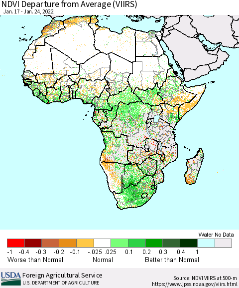 Africa NDVI Departure from Average (VIIRS) Thematic Map For 1/21/2022 - 1/31/2022