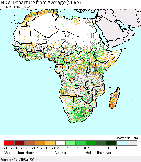 Africa NDVI Departure from Average (VIIRS) Thematic Map For 1/25/2022 - 2/1/2022