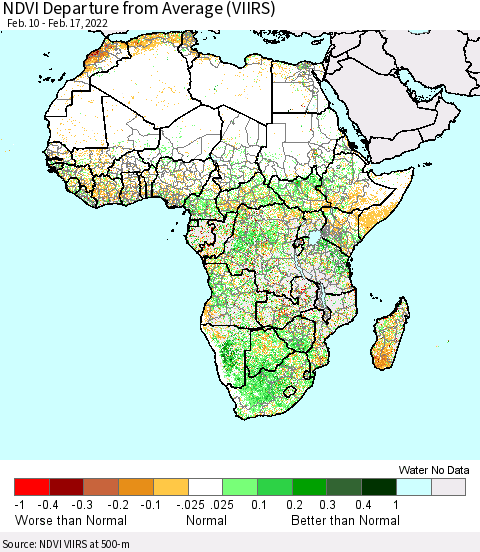 Africa NDVI Departure from Average (VIIRS) Thematic Map For 2/10/2022 - 2/17/2022