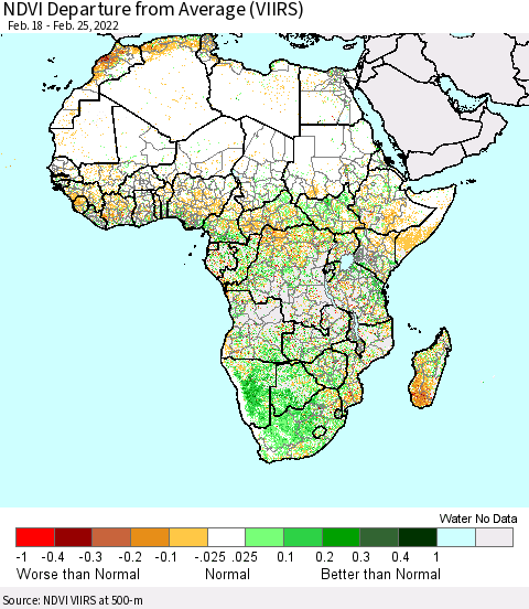 Africa NDVI Departure from Average (VIIRS) Thematic Map For 2/18/2022 - 2/25/2022