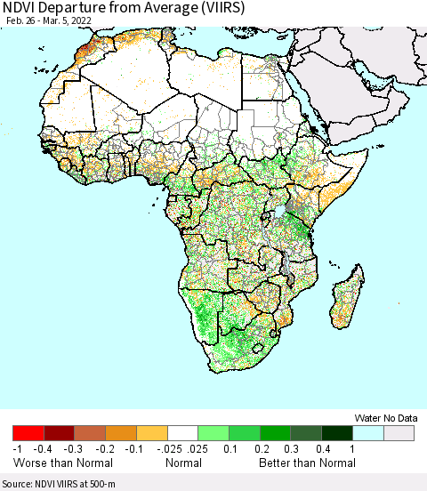 Africa NDVI Departure from Average (VIIRS) Thematic Map For 2/26/2022 - 3/5/2022
