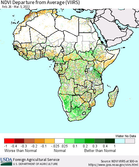 Africa NDVI Departure from Average (VIIRS) Thematic Map For 3/1/2022 - 3/10/2022
