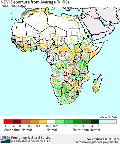 Africa NDVI Departure from Average (VIIRS) Thematic Map For 3/11/2022 - 3/20/2022