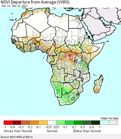 Africa NDVI Departure from Average (VIIRS) Thematic Map For 3/14/2022 - 3/21/2022
