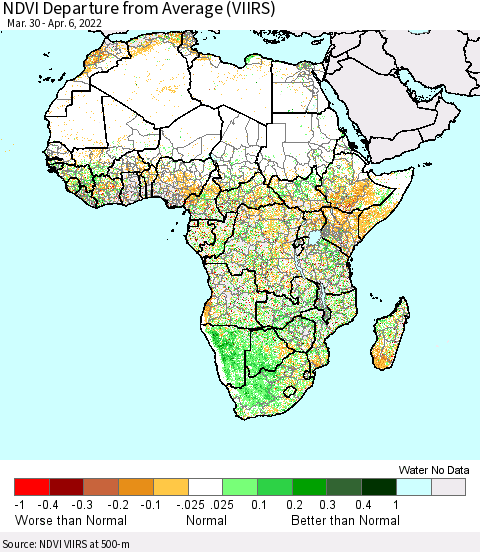 Africa NDVI Departure from Average (VIIRS) Thematic Map For 3/30/2022 - 4/6/2022