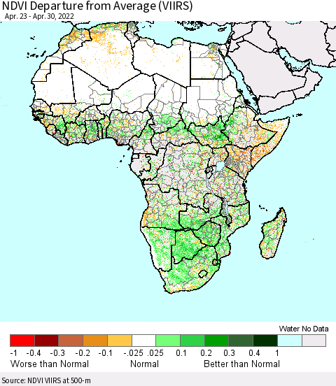 Africa NDVI Departure from Average (VIIRS) Thematic Map For 4/23/2022 - 4/30/2022