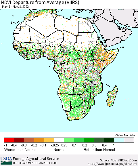Africa NDVI Departure from Average (VIIRS) Thematic Map For 5/1/2022 - 5/10/2022
