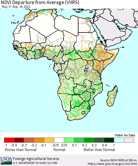 Africa NDVI Departure from Average (VIIRS) Thematic Map For 5/11/2022 - 5/20/2022