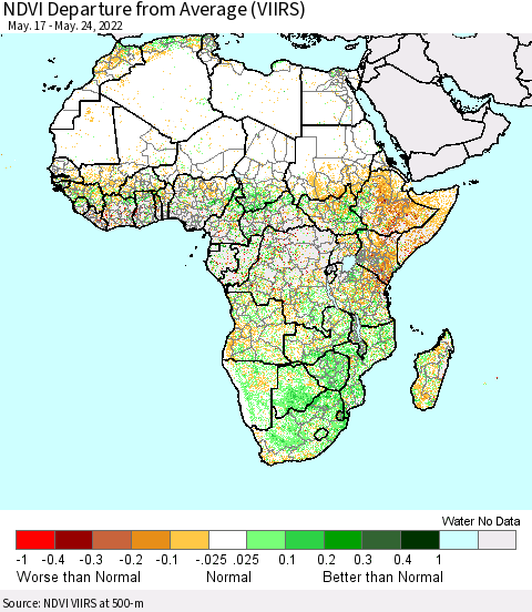 Africa NDVI Departure from Average (VIIRS) Thematic Map For 5/17/2022 - 5/24/2022