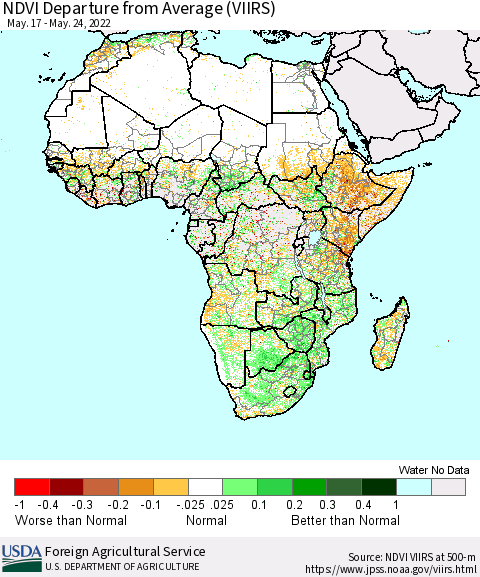 Africa NDVI Departure from Average (VIIRS) Thematic Map For 5/21/2022 - 5/31/2022