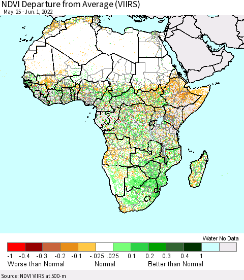 Africa NDVI Departure from Average (VIIRS) Thematic Map For 5/25/2022 - 6/1/2022