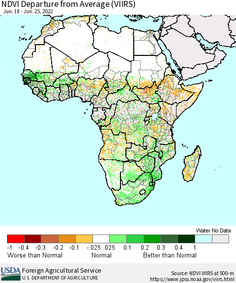 Africa NDVI Departure from Average (VIIRS) Thematic Map For 6/21/2022 - 6/30/2022