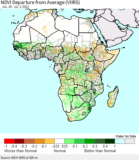 Africa NDVI Departure from Average (VIIRS) Thematic Map For 6/26/2022 - 7/3/2022