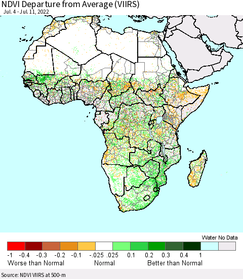 Africa NDVI Departure from Average (VIIRS) Thematic Map For 7/4/2022 - 7/11/2022