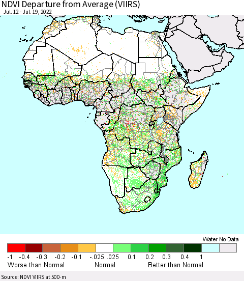 Africa NDVI Departure from Average (VIIRS) Thematic Map For 7/12/2022 - 7/19/2022