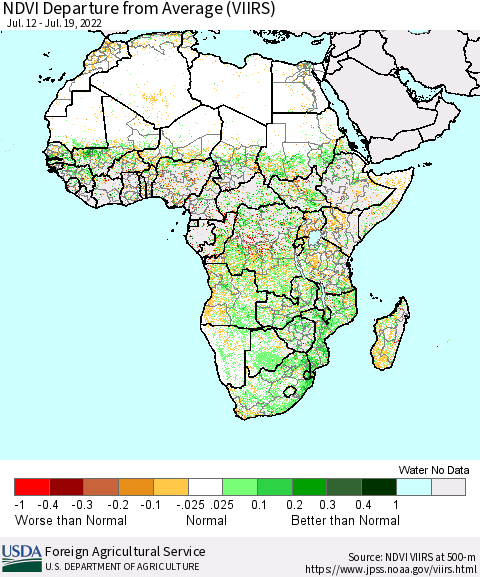 Africa NDVI Departure from Average (VIIRS) Thematic Map For 7/11/2022 - 7/20/2022