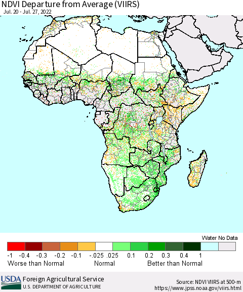 Africa NDVI Departure from Average (VIIRS) Thematic Map For 7/21/2022 - 7/31/2022