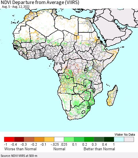 Africa NDVI Departure from Average (VIIRS) Thematic Map For 8/5/2022 - 8/12/2022