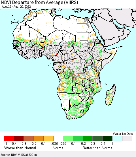 Africa NDVI Departure from Average (VIIRS) Thematic Map For 8/13/2022 - 8/20/2022