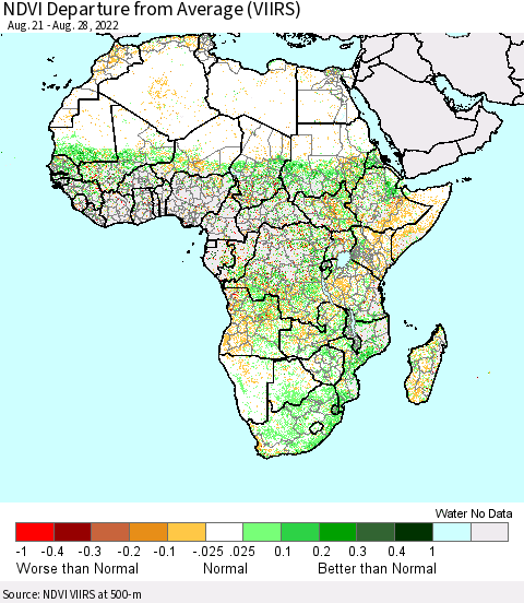 Africa NDVI Departure from Average (VIIRS) Thematic Map For 8/21/2022 - 8/28/2022