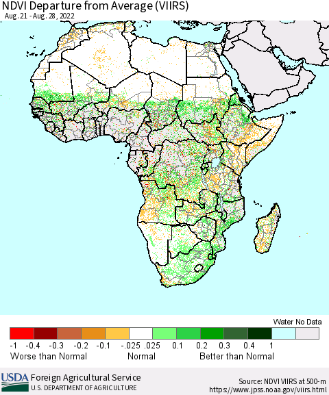 Africa NDVI Departure from Average (VIIRS) Thematic Map For 8/21/2022 - 8/31/2022