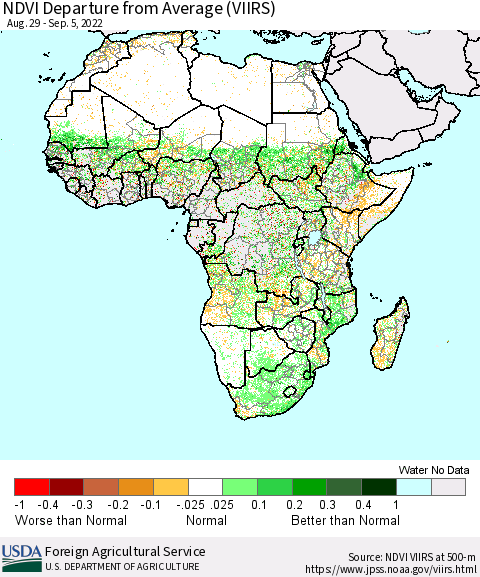 Africa NDVI Departure from Average (VIIRS) Thematic Map For 9/1/2022 - 9/10/2022