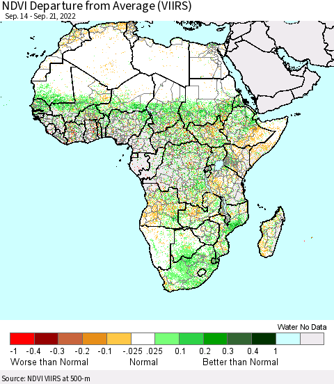 Africa NDVI Departure from Average (VIIRS) Thematic Map For 9/14/2022 - 9/21/2022