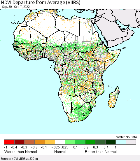 Africa NDVI Departure from Average (VIIRS) Thematic Map For 9/30/2022 - 10/7/2022