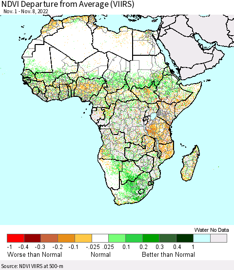 Africa NDVI Departure from Average (VIIRS) Thematic Map For 11/1/2022 - 11/8/2022