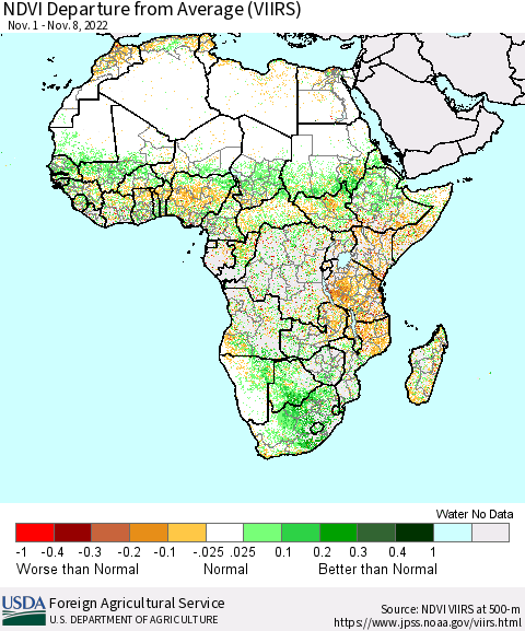 Africa NDVI Departure from Average (VIIRS) Thematic Map For 11/1/2022 - 11/10/2022