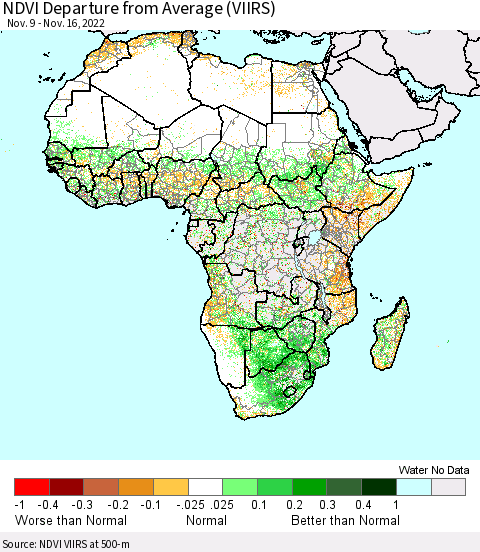 Africa NDVI Departure from Average (VIIRS) Thematic Map For 11/9/2022 - 11/16/2022