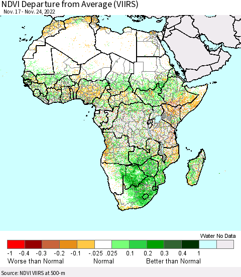 Africa NDVI Departure from Average (VIIRS) Thematic Map For 11/17/2022 - 11/24/2022