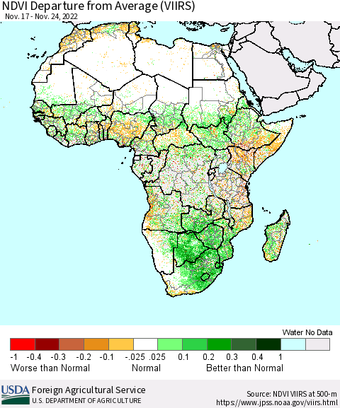 Africa NDVI Departure from Average (VIIRS) Thematic Map For 11/21/2022 - 11/30/2022