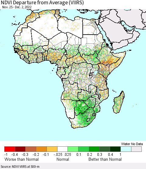 Africa NDVI Departure from Average (VIIRS) Thematic Map For 11/25/2022 - 12/2/2022