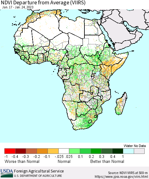 Africa NDVI Departure from Average (VIIRS) Thematic Map For 1/21/2023 - 1/31/2023