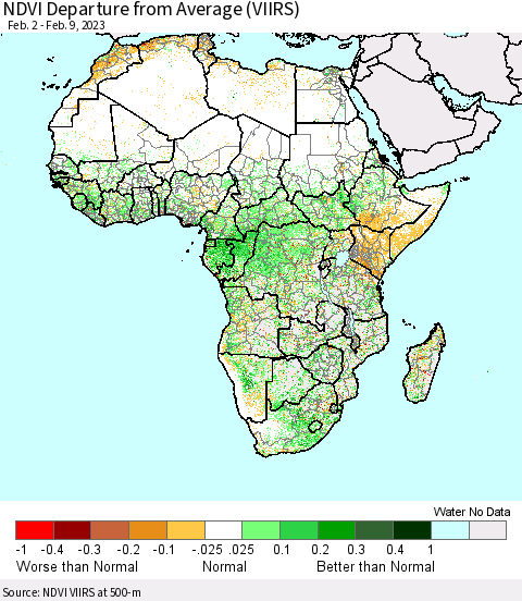 Africa NDVI Departure from Average (VIIRS) Thematic Map For 2/2/2023 - 2/9/2023