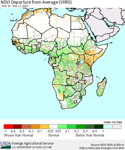 Africa NDVI Departure from Average (VIIRS) Thematic Map For 2/11/2023 - 2/20/2023