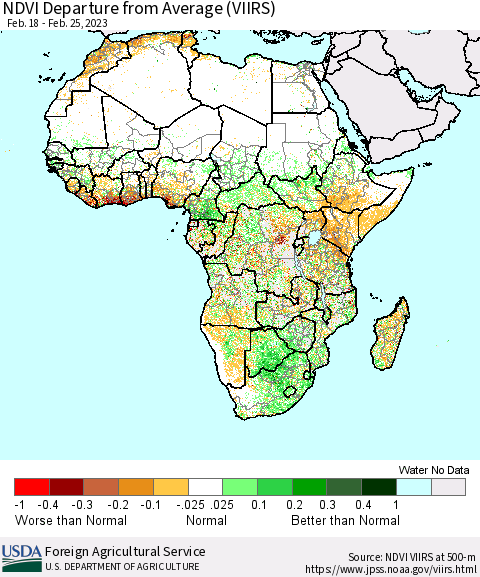 Africa NDVI Departure from Average (VIIRS) Thematic Map For 2/21/2023 - 2/28/2023