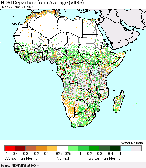 Africa NDVI Departure from Average (VIIRS) Thematic Map For 3/22/2023 - 3/29/2023