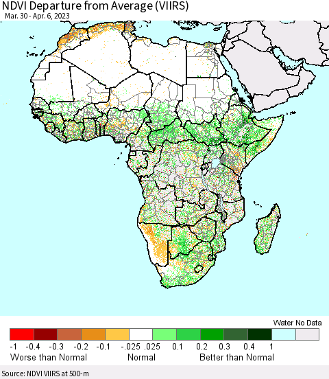Africa NDVI Departure from Average (VIIRS) Thematic Map For 3/30/2023 - 4/6/2023