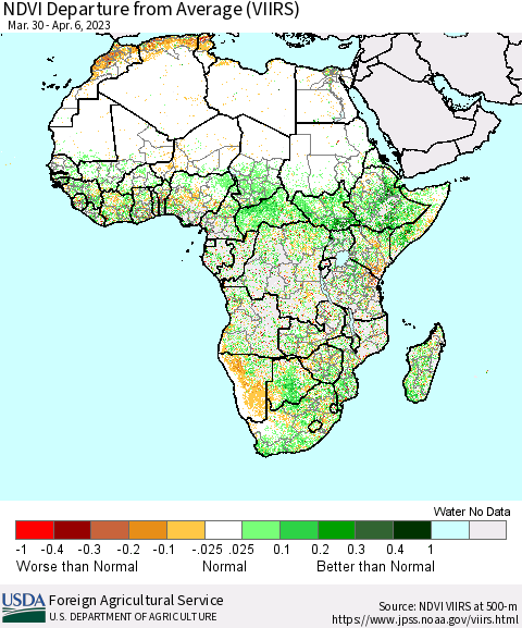 Africa NDVI Departure from Average (VIIRS) Thematic Map For 4/1/2023 - 4/10/2023