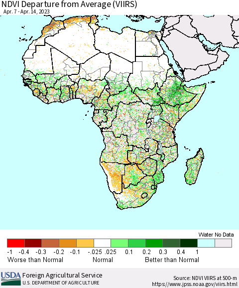 Africa NDVI Departure from Average (VIIRS) Thematic Map For 4/11/2023 - 4/20/2023