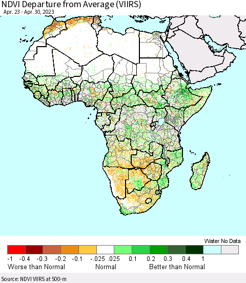Africa NDVI Departure from Average (VIIRS) Thematic Map For 4/23/2023 - 4/30/2023