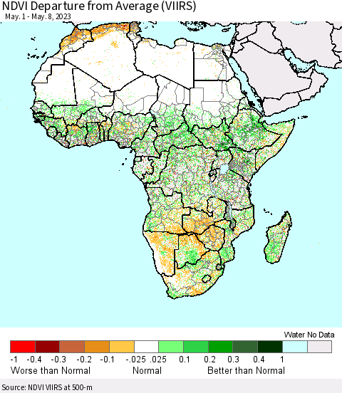 Africa NDVI Departure from Average (VIIRS) Thematic Map For 5/1/2023 - 5/8/2023