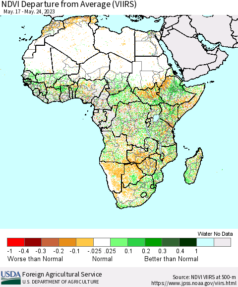 Africa NDVI Departure from Average (VIIRS) Thematic Map For 5/21/2023 - 5/31/2023