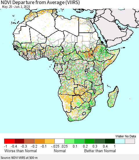 Africa NDVI Departure from Average (VIIRS) Thematic Map For 5/25/2023 - 6/1/2023