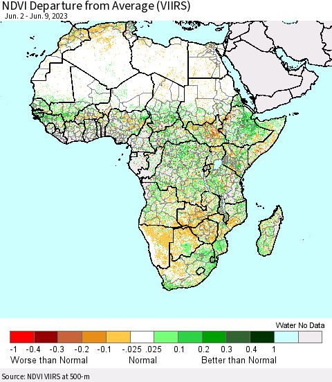 Africa NDVI Departure from Average (VIIRS) Thematic Map For 6/2/2023 - 6/9/2023