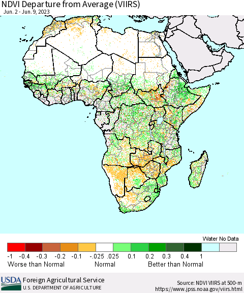 Africa NDVI Departure from Average (VIIRS) Thematic Map For 6/1/2023 - 6/10/2023
